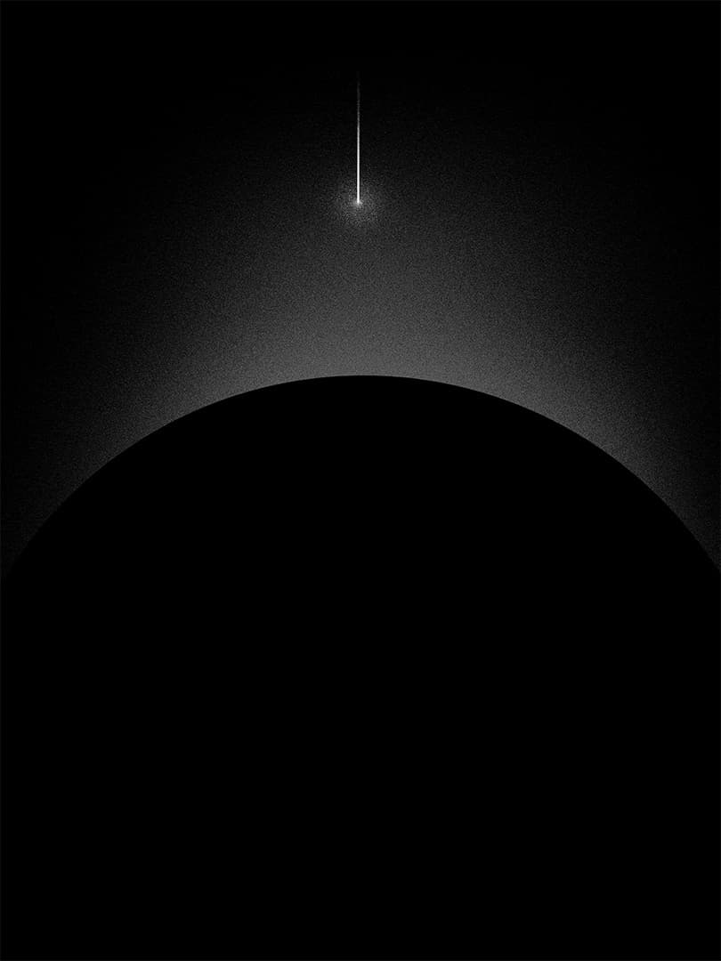 A black and white picture of a planet in shadows with a white falling meteor falling vertically from above. Lots of grain