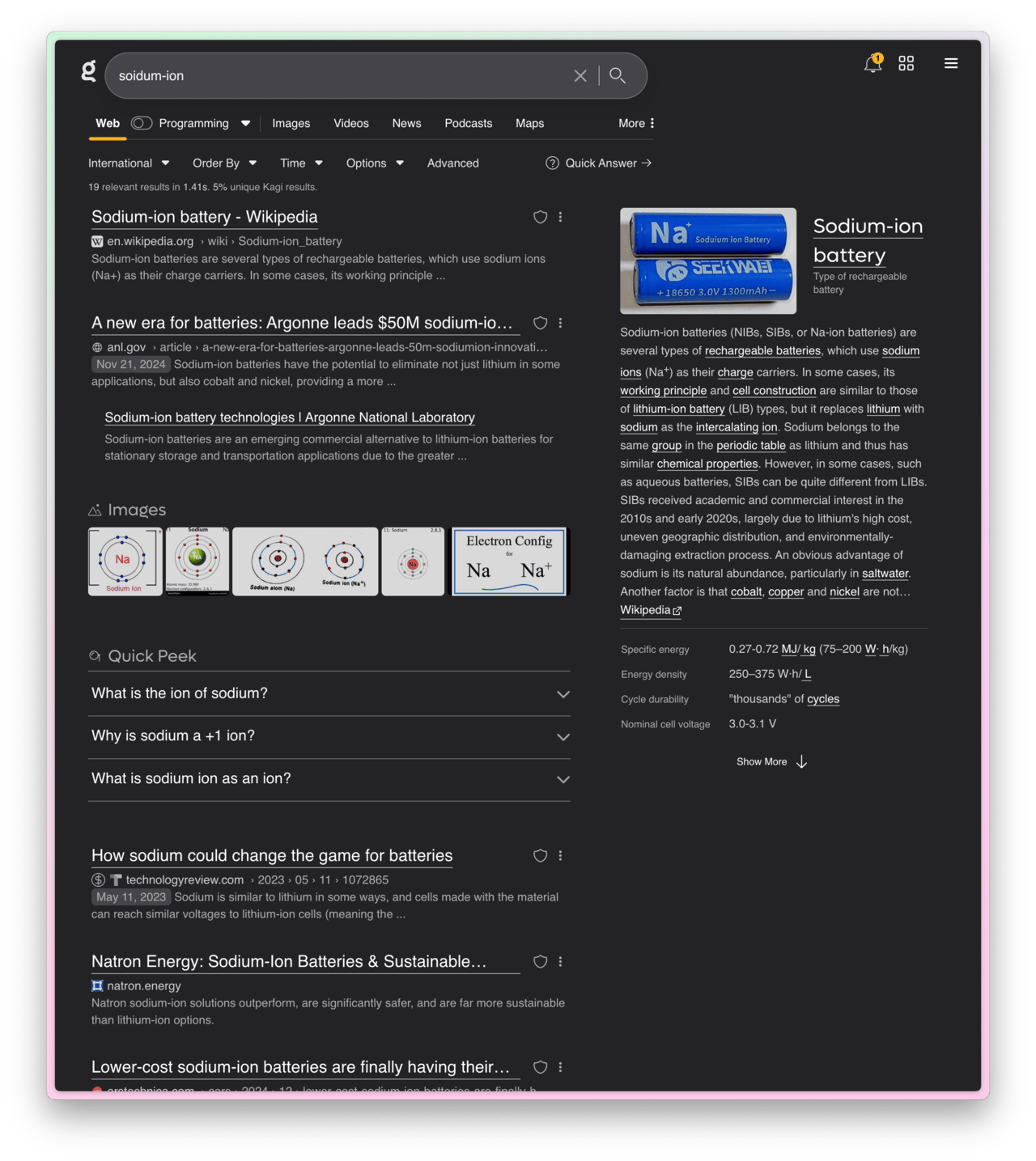 Screenshot of Kagi results on desktop