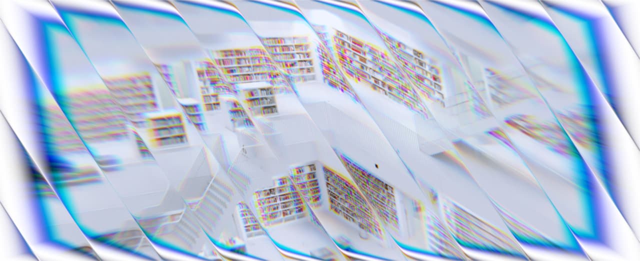 A heavily photoshoppped photo of a library. Looks distorted and very digital