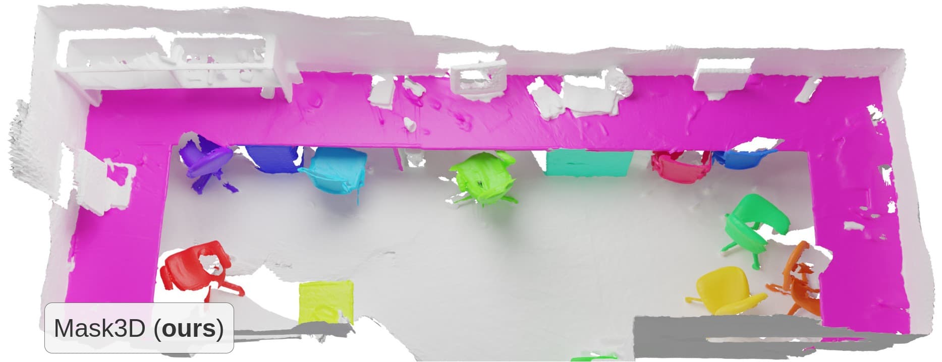 Screenshot of a Mask3D render where certain parts of a 3D scanned room have different colors.