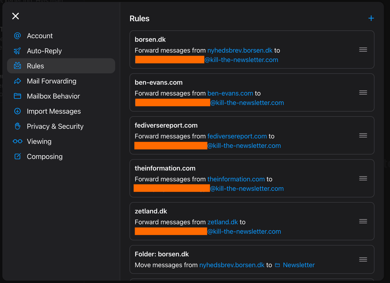 A screenshot of an email client's Rules settings interface showing multiple forwarding rules. Each rule forwards newsletter emails from different domains (including borsen.dk, ben-evans.com, fediversereport.com, theinformation.com, and zetland.dk) to a Kill the Newsletter email address. The interface shows a dark mode view with a sidebar containing options like Account, Auto-Reply, Rules, and Mail Forwarding, with 'Rules' currently selected.